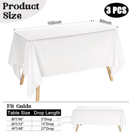 3 Pack Rectangle White Table Cloth Bulk Washable Polyester Table Cover for Wedding Dining Table Buffet Parties Banquet Decoration（60x102Inch, White）