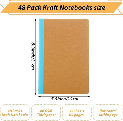 MIVIDE 48 Pack A5 Kraft Notebooks, Colourful Spine Lined Journal Bulk Pack 8.3 x 5.5 inch Notebooks 60 Pages, Travel Notebooks for Writing, Making Plans, School Office Supplies