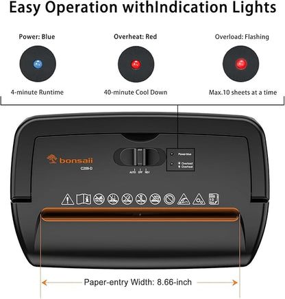 Bonsaii 10-Sheet Cross-Cut Paper Shredder for Home Office, 4-Min Runtime, 5.5-Gallon Bin with Viewing Window & Handle, Shreds Credit Cards, Staples, Quiet, Overheat Protection – Black