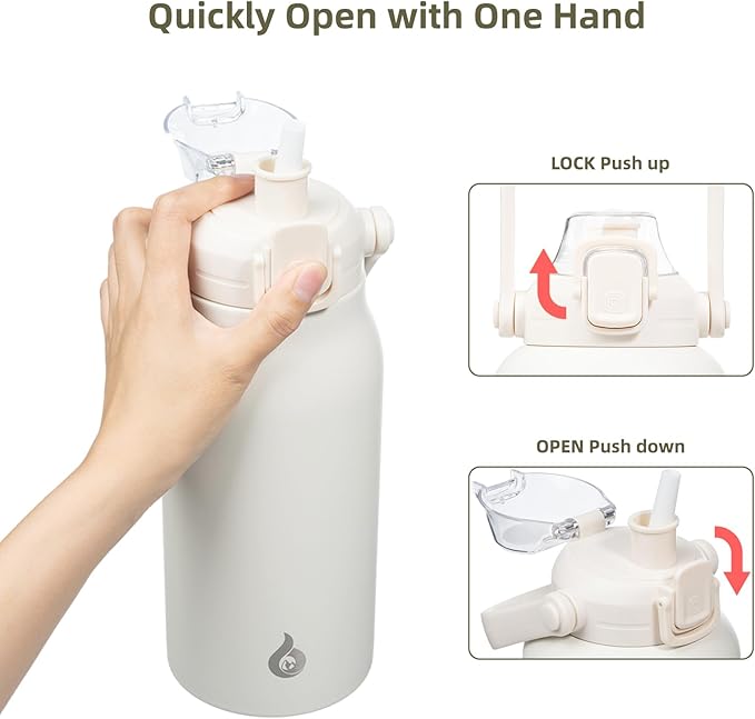 BJPKPK Insulated Water Bottles with Straw, 35 oz Stainless Steel Metal Water Bottle with One-handed Opening Lid, BPA Free Sport Jugs, Flasks for Men & Women, White
