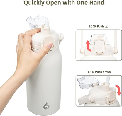 BJPKPK Insulated Water Bottles with Straw, 35 oz Stainless Steel Metal Water Bottle with One-handed Opening Lid, BPA Free Sport Jugs, Flasks for Men & Women, White