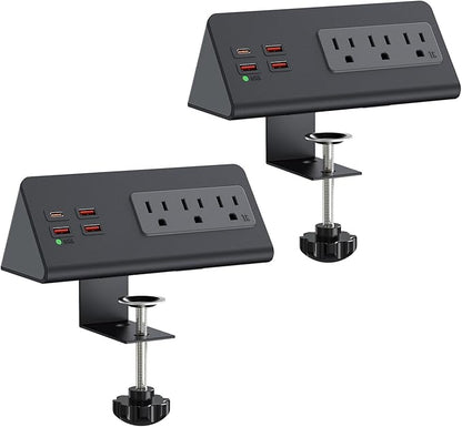 Nightstand Charging Station, Nightstand Edge Power Strip with 3 AC Outlets, 4 Fast Charging USB Ports, Connect 6.56FT Flat Plug, Desk Surge Protector for Office Home Hotel, 2-Pack(Black)