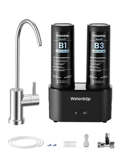 Waterdrop DLB Under Sink Water Filter System, with Faucet, Life Indicator | Reduces Chlorine, Chloramine, PFAS, Bad Taste, 2 Stage, Water Filter for Sink Faucet, Under Sink Water Filtration System