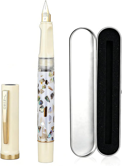 Jinhao 58 Fountain Pen - Natural Sea Shell Inlay Fine Nib Writing Pen with Ink Converter & Silver Metal Gift Box, Ivory White