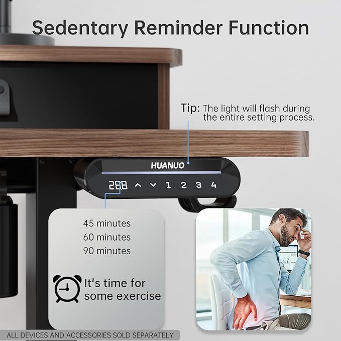 HUANUO 55" x 26" Electric Standing Desk with 2 Drawers, C-Clamp Mount Compatible, Height Adjustable Computer Desk, Home Office Stand Up Desk with 4 Preset Heights & 2 Hooks, Walnut