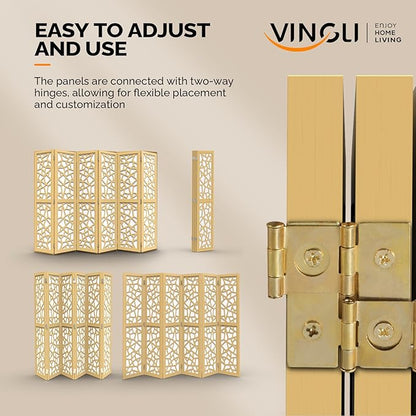 VINGLI 70'' H Room Divider, Non-Woven Fabric Privacy Screen, Indoor Partition Wall Dividers, Freestanding Hinged Space Separator with Modern Unique Pattern (Gold, 6 Panel)