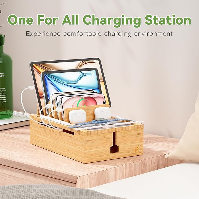 Pezin & Hulin Bamboo Charging Station for Multiple Devices, USB Charger Dock Organizer, with Power Supply (10 Ports HUB), 6 Cables, Cable Management Organizer for Cell Phones, Tablets -Natural Color