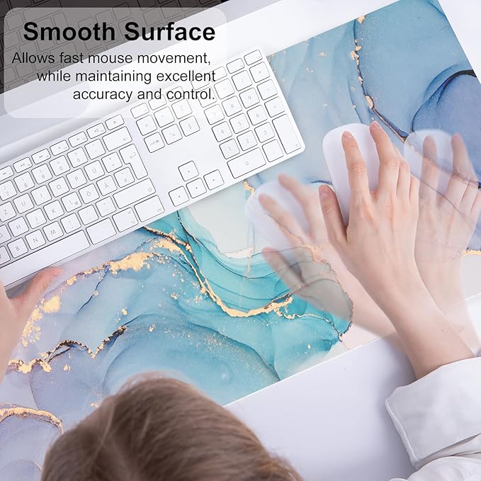 QiyI Large Mouse Pad, PU Leather Desk Mat for Desktop, Waterproof Gaming Pad, Marble Full Desk Accessories Keyboard Mousepad, Abstract Art Home Office Décor 31.5" x 11.8" - Blue Pink Fluid