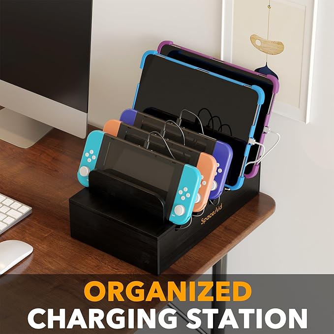 SpaceAid Bamboo Charging Station for Multiple Devices, Cell Phone Docking Stations for Multi Laptop, Tablets and iPads, Nightstand Bedside Desk Device Charger Organizer (Black)