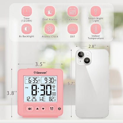 Geevon Small Digital Atomic Alarm Clock for Bedroom, Travel Table Clock with Auto/8s Backlight, 2 Alarm, Temperature, Desk Clock Battery Operated for Deep Sleepers Kids Elderly Home Office, Pink