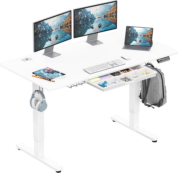SHW 55 x 28 Inches Electric Height Adjustable Standing Desk with Drawer and Memory Preset, White