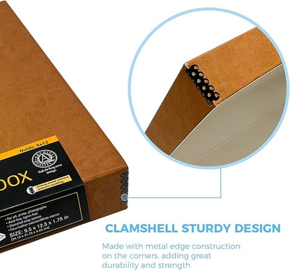 Lineco Folio Storage Box, Faux Leather Cover, Clamshell Design, 9.5x12.5x1.75 Inches, Archival Boxboard, Preserve Photos, Cards, Magazines, Documents, Art, Ephemera, Family Records, Tan, Pack of 1