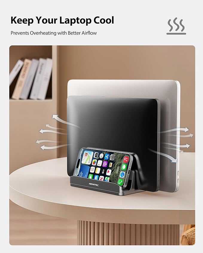 AboveTEK Vertical Laptop Stand, 3 Slots Aluminum Desk Laptop Holder & Laptop Docking Station Stand for MacBook, Tablet, Phone - Universal Fit (Up to 17.3") - Heavy Duty Polished, Anti Slide - Grey