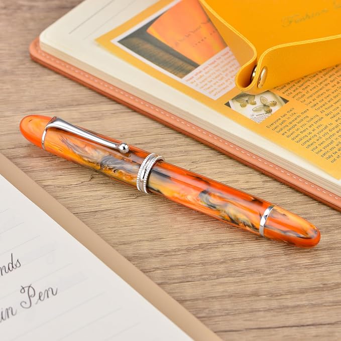 Asvine V800 Fountain Pen – Vacuum Filling System with Large Ink Capacity – Smooth Number 8 Medium Nib with Gift Case and Wrench- Amber Acrylic