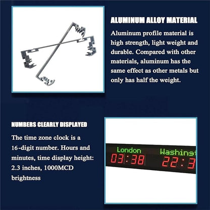 Digital World Time Zones Clock for 6 Cities, Adjustable Brightness LED Display, Aluminum Alloy, 1000CD Brightness for Office, Hotel, School - 15-20m Visibility
