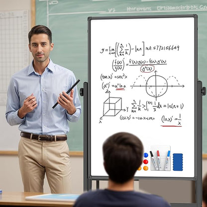 48x32inches Mobile Whiteboard - Adjustable Height, Standing Whiteboard on Wheels, Double-Sided Magnetic Dry Erase Board for Office, Home, Classroom