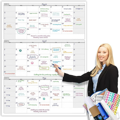 Dry Erase Vertical Three Month Laminated jumbo Wall Calendar, 46 x 63, Huge quarterly Laminated Erasable White Board, Giant 90 day Family Whiteboard Schedule Planner, Large Multi Month Reusable