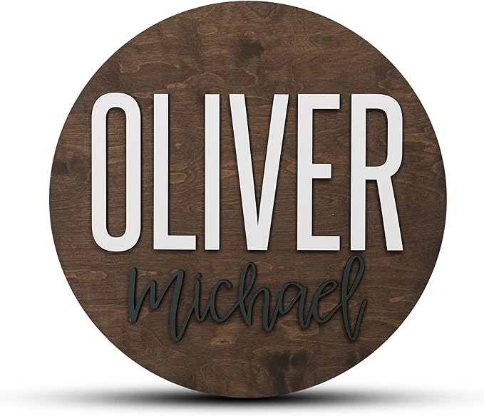 Custom Round Nursery Name Sign, Personalized Wooden Wall Plaque, 12" 18" 24", 30" 3D Wall Art for Children & Kids Rooms, Baby Shower, Hickory Hollow Designs (Oliver Michael)