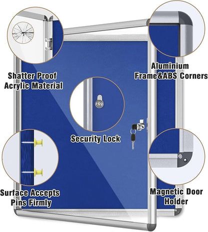 Mifuro 28"x26" Enclosed Bulletin Board, Lockable Weather-Resistant Aluminum Cork Noticeboard for School & Office, Silver Frame w/Blue Flet
