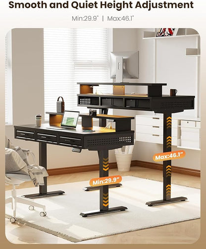OffiGo Electric Standing Desk with 3 Wooden Drawers, 48 Inch Height Adjustable Desk with Power Outlets & LED Lights, Black Sit Stand Table with Monitor Stand for Home, Office, Workstation