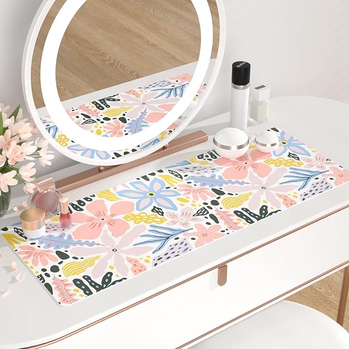 QIYI Floral Large Mouse Pad, Cute Desk Mat for Desktop, Women Girls Desk Accessories Office Décor, PU Leather Waterproof Big Gaming Mousepad, Doodle Flowers Desk Pad Computer Mat, 31.5" x 11.8"