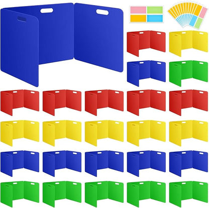 MuseLuxe 24 Pack Privacy Folders for Students - Durable & Waterproof Plastic Study Desk Dividers,Test Dividers for Classroom,Easy to Clean Privacy Shields & Boards -4 Color,Includes Extra 48 Labels