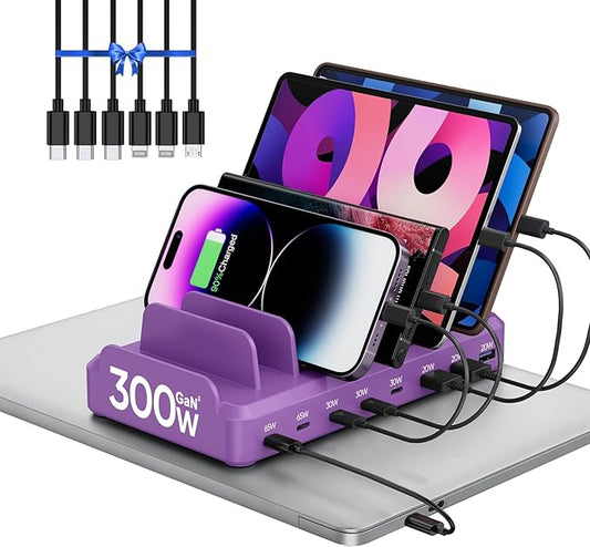 300W Charging Station for Multiple Devices, 8 Port Multi USB C Fast Charger Station Dock for MacBook iPhone 16/15/14/13/12 Samsung Pixel Series iPad, Purple (6 Mixed Short Cables Included)