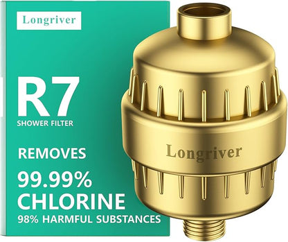R7 Shower Filter High Put Shower Water Filter for Hard Water 99.99% Remove Chlorine, Heavy Metals, Shower Water Softener, Improve your skin and hair, Bathroom Fixture Hardware Parts, Brushed Gold