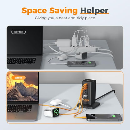 USB C Charger Blcok PD 100W, TESSAN 6-in-1 Charging Station for Multiple Devices, Desktop Tower Charger with 6 USB Ports for iPhone 17/16/15, MacBook, Tablet, Office Home Dorm Room Accessories