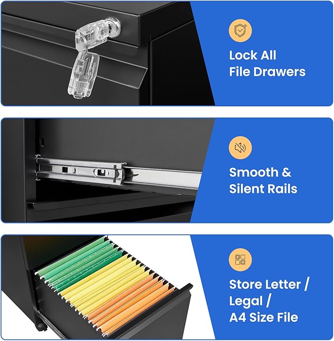 MIIIKO 2 Drawer File Cabinet on Wheels, Home Office Mobile File Drawers Under Desk, Filing Cabinets with Drawers for Legal/Letter/A4 File Folders(Black),Un-Assembled