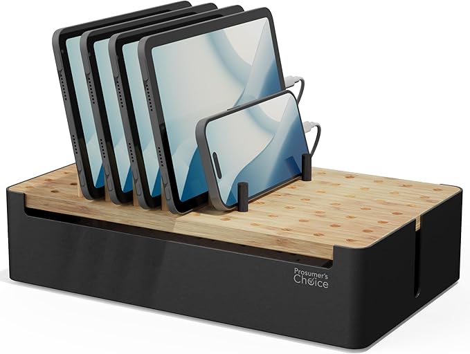 Prosumer's Choice Black Wooden Charging Station Organizer for Multiple Devices - Cable Management Box with 5 Slots and Removable Dividers - Charger Organizer for Phone, Tablet, Home, Office, 12"x6"x7"