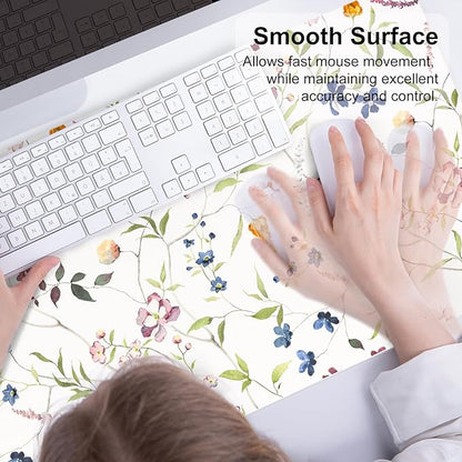 QIYI Floral Mouse Pad, Large Desk Mat for Desktop, Women Girls Watercolor Flowers Office Décor Desk Accessories, PU Leather Waterproof Gaming Mousepad, Wildflowers Desk Pad Computer Mat, 31.5" x 15.7"