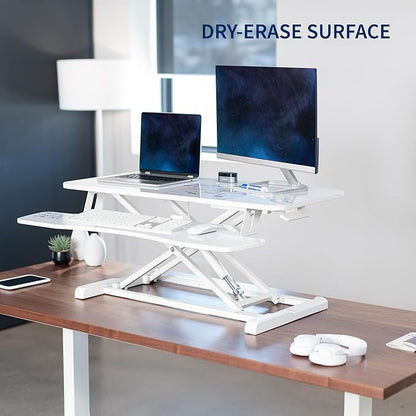 VIVO 36 inch Desk Converter, K Series, Height Adjustable Sit to Stand Riser, Dual Monitor and Laptop Workstation with Wide Keyboard Tray, White Dry Erase, DESK-V036KWE