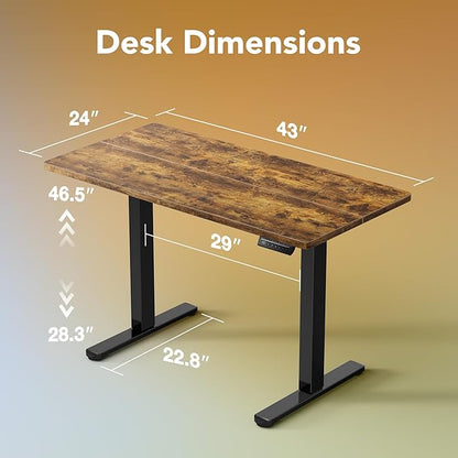 HUANUO 43 x 24 inch Electric Standing Desk Adjustable Height, 4 Memory Height Settings, Sit Stand Up Desk for Home Office & Computer Workstation, Rustic Brown