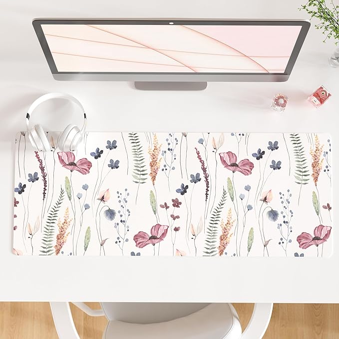 QiyI Large Mouse Pad, Cute Flower Desk Mat for Desktop, Women Girls Floral Office Décor Accessories, PU Leather Waterproof Big Gaming Mousepad, Wildflowers Desk Pad Computer Mat, 31.5" x 11.8"