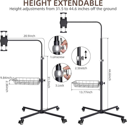 Coslony Adjustable Floor Standing Tablet Stand with Storage Basket, Mobile Rolling Base, Height Adjustable Metal Frame