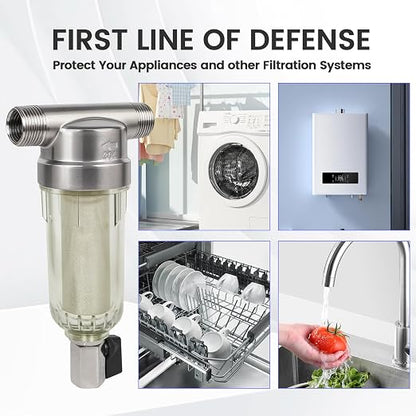 304 Stainless Steel 40 Micron Spin Down Water Filter, Whole House Spin Down Sediment Water Filter, Reusable Flushable Pre-Filtration System, 1" MNPT + 3/4" FNPT+3/4MNPT, BPA Free