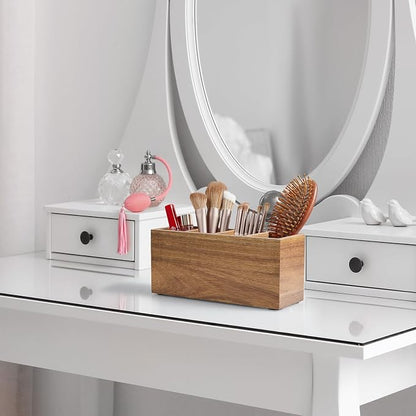 Bivvclaz Pencil Pen Holder for Desk, Acacia Wood Office Desk Organizers and Accessories with 4 Slots for Countertop, Makeup Brush Holder Organizer for Bathroom Vanity, Silverware Caddy for Party
