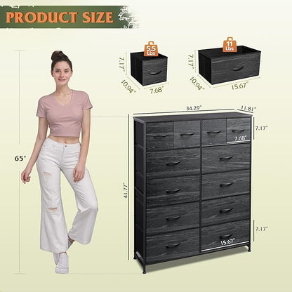 WLIVE Tall Dresser for Bedroom with 12 Drawers, Dressers & Chests of Drawers, Fabric Dresser for Closet, Living Room, Storage Dressers with Storage Drawers, Wood Top, Charcoal Black Wood Grain Print