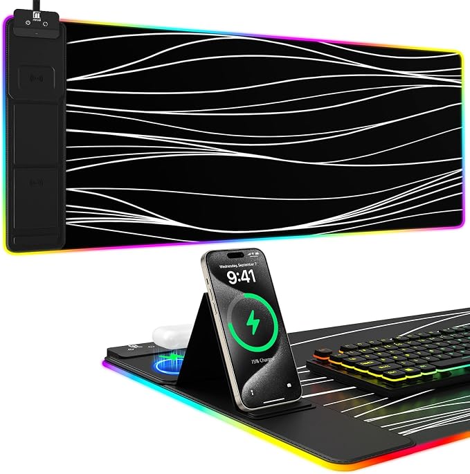 Mouse Pad with Phone Holder, Wireless Charging Desk Mat, RGB Gaming Mousepad Home Office Large Desk Pad with Ultra-Smooth Surface, Non-Slip Base, Waterproof Keyboard Pad,Wavy Black