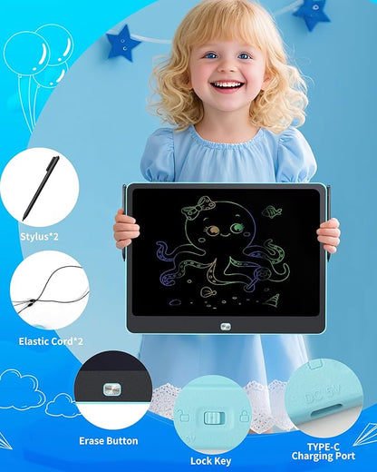 Rechargeable LCD Writing Tablet for Kids, 16 Inch Colorful Drawing Tablet, Educational Toddler Drawing Pad, Reusable Learning Toys for Kids (Ages 3-12), Ideal Gift for Christmas Birthday (Blue)