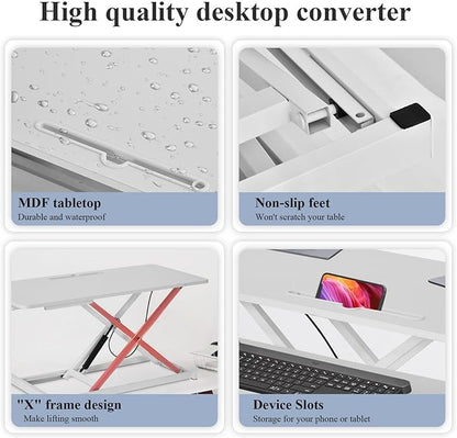 37 Inch Standing Desk Converter - Manual Pneumatic Spring, Two Monitor Stable Standing Desk Converter, 5.9" to 18.8" Height Adjustable Laptop Workstation with Keyboard Tray for Home, Company(White)
