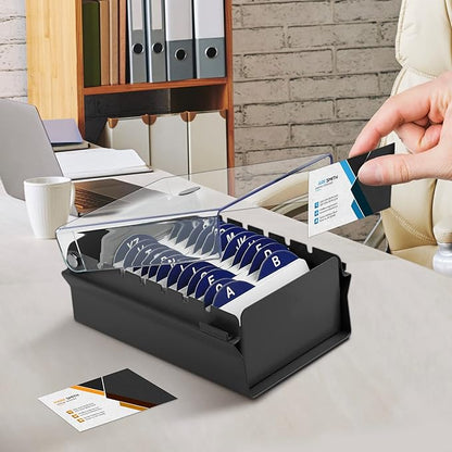 Acrimet Index Business Card Size File Holder Organizer Box Metal Base Heavy Duty (AZ Index Cards and Divider Included) (Black Color with Clear Crystal Plastic Lid Cover)