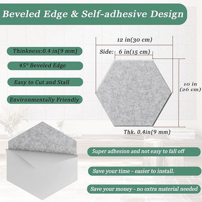 Hexagonal Acoustic Panels-12 Pack High-Density Sound Absorbing Panels 12"X10"X0.4" for Enhanced Noise Reduction, DIY Design, Idea for Studios, Offices, and Home Theaters(Silver Gray)