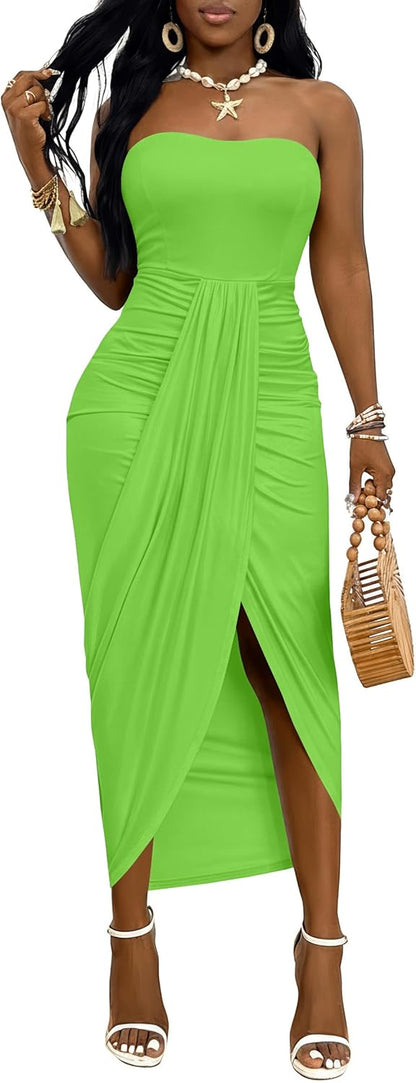 Umenlele Women's Strapless Ruched High Waist Wrap Split Asymmetrical Beach Maxi Long Dress