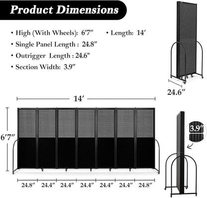 Folding Room Partition,Freestanding Privacy Divider,Portable Office Divider Wall,Commercial Space Partition Screen,Perforated Felt Panel Design,18'5"W x 6'7"H,7 Panel,Black