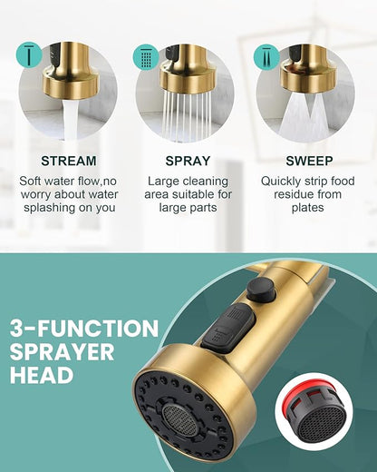 Kitchen Faucets with Pull Down Sprayer: Brushed Gold 3-Function Kitchen Sink Faucet for 1 or 3 Hole - Stainless Steel Single Handle Spring Kitchen Faucets with Deck Plate for Farmhouse RV Laundry