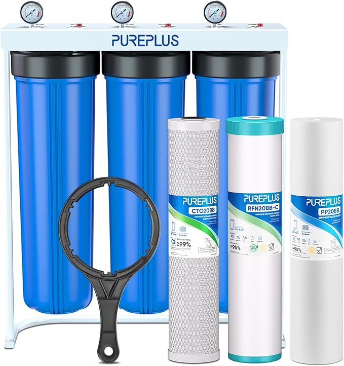 PUREPLUS 20-Inch 3-Stage Whole House Water Filter, Home Filtration System | Sediment, Granular Activated Carbon, Carbon Block Filters | Built-in Pressure Gauges, with Steel Stand Frame