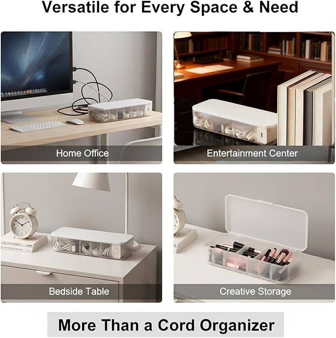 Cord Organizer Box with Lid, 7 Compartment Cable Management with 7 Wire Ties, Dustproof Cable Storage Box for Office & Home, Wire Hider for Computer Desk, Charger Cables, Power Cords (1pack)