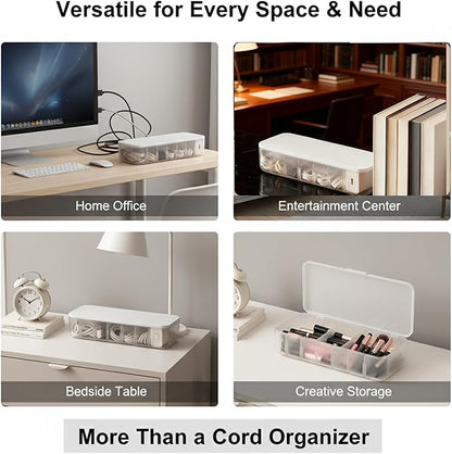 Cord Organizer Box with Lid, 7 Compartment Cable Management with 7 Wire Ties, Dustproof Cable Storage Box for Office & Home, Wire Hider for Computer Desk, Charger Cables, Power Cords (1pack)